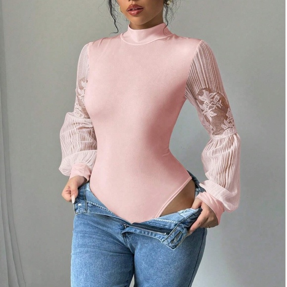 Luxe Mock Neck Fitted Floral Print Semi Sheer Long Sleeve Bodysuit - Picture 5 of 8